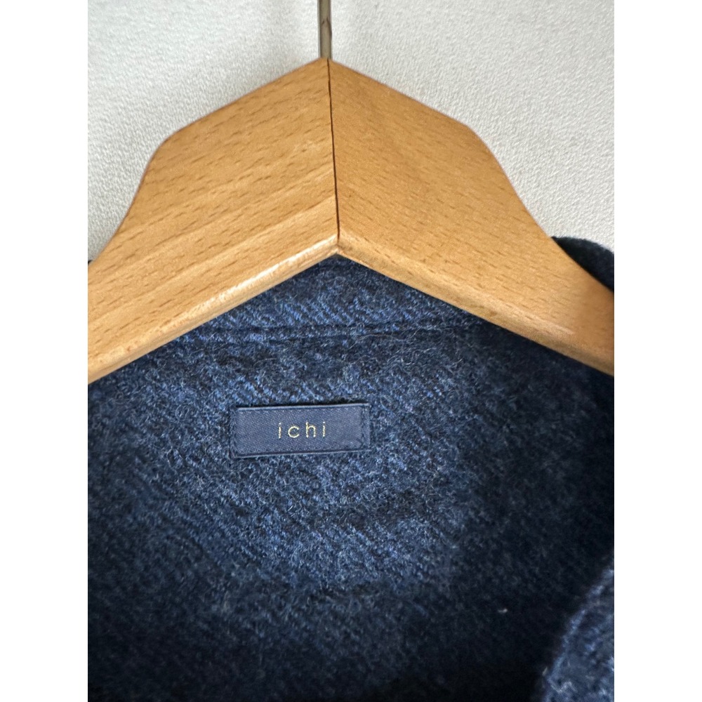 Ichi Japan Navy Blue 100% Wool Button Front Band Collar Midi Shirt Dress Pocket - Picture 7 of 10